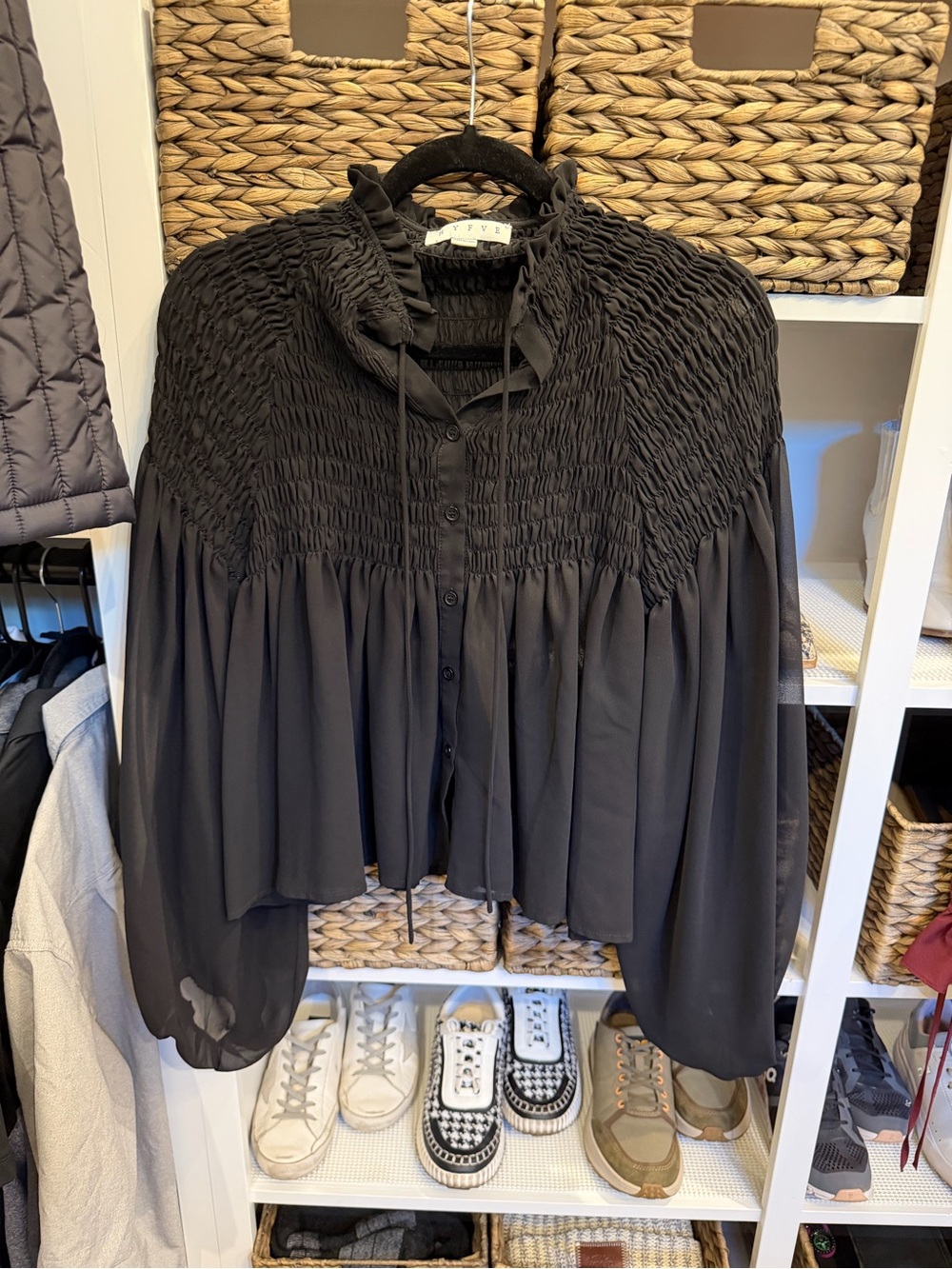 HYFVE Black Smocked Button-Front Blouse